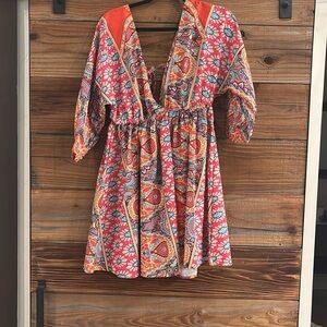 CABALA Women's XL Boho Paisley Deep V-Neck Mini Festival Dress/Beach Coverup